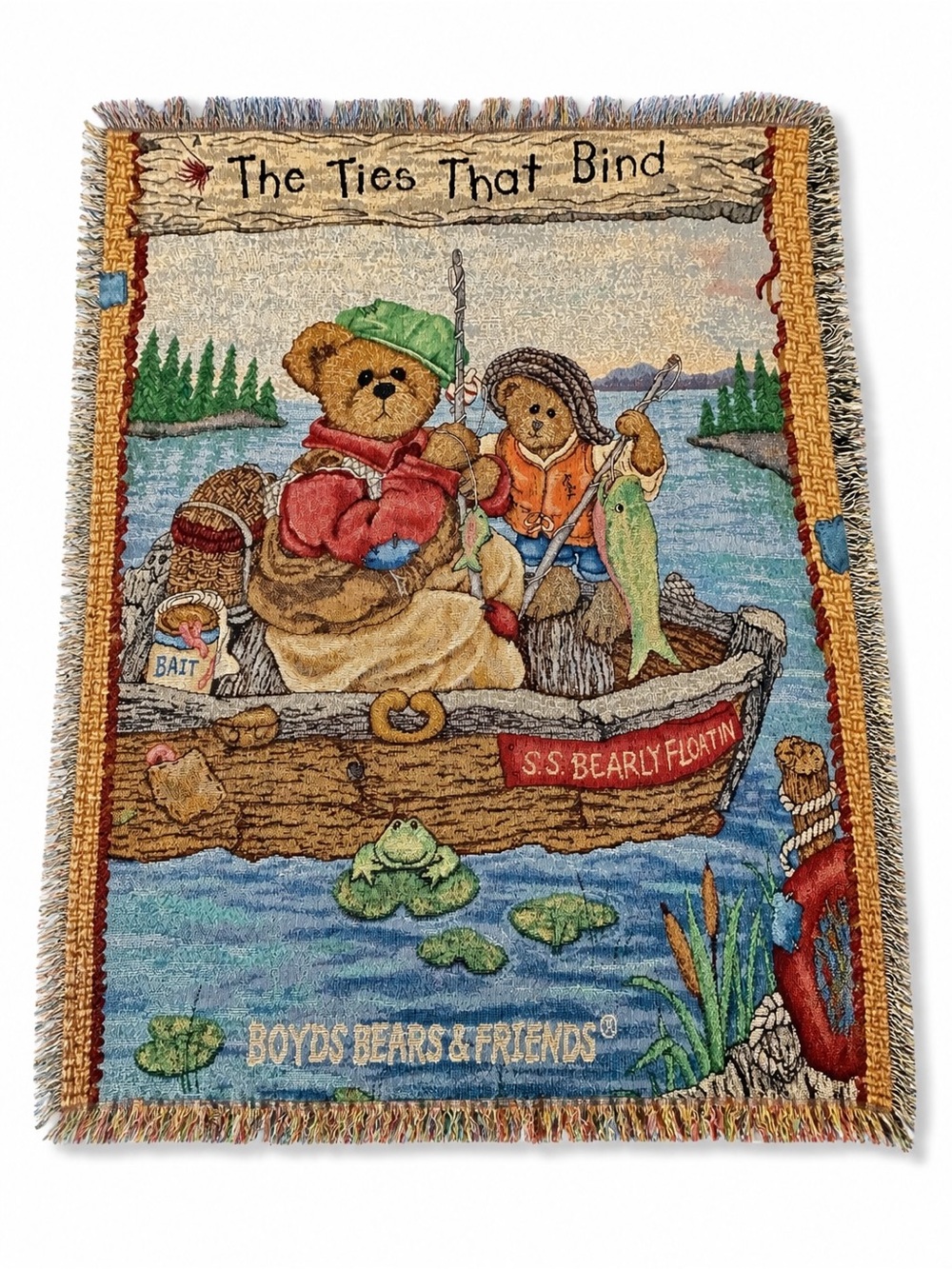 Boyds Bears Tapestry Throw in Blue, Brown, Green, Red. Fishing bears